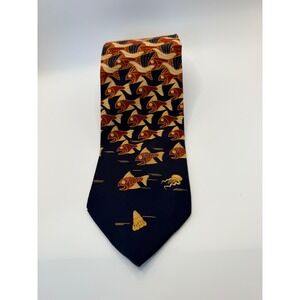 MC Escher Fish & Boats Woodcut 1948 Silk Tie Navy Rust Orange Made in Italy